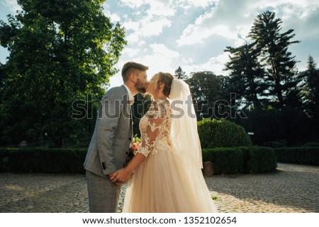 stylish bride and groom on the background of nature. rustic wedding couple  