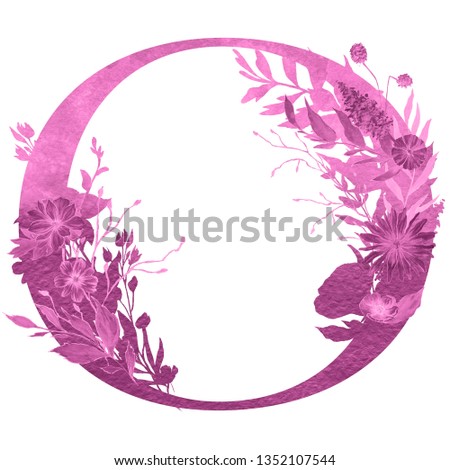 Pink ombre and gradient watercolor letter of the alphabet with flowers and leaves on the white isolated background for greeting card and invitation. Floral elegant design.