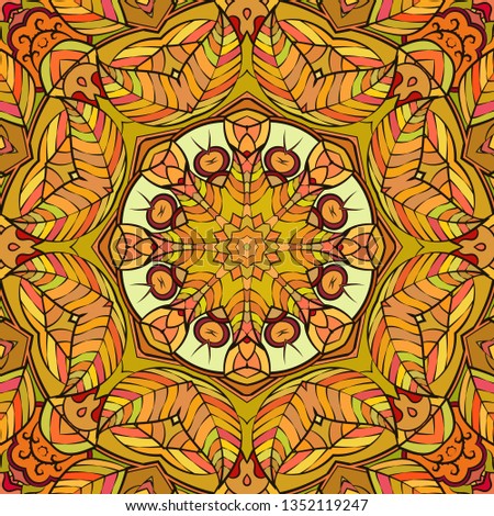 Seamless tracery tile mehndi design. Ethnic calming ornament, colorful doodle symmetry texture. Folk traditional spiritual tribal design. Curved doodling mehndi motif. Color art. Vector.