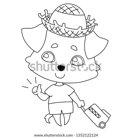 A dog with hanging ears in summer clothes, a straw hat rolls a suitcase for travel. Linear, black and white image of a pet. Vector illustration for coloring book, stencil, design, prints.