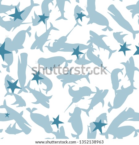 Bright children seamless pattern in marine style. Vector illustration with whales in Scandinavian style.