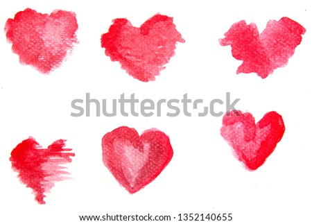 Set of Red watercolor hearts on white background. Abstract red heart watercolor paint stains illustration