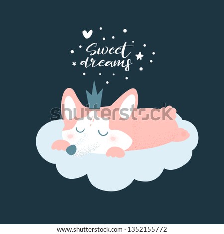 Cute cartoon king dog corgi sleep on the cloud. Cartoon character illustration for game, book, t-shirt, card, print, poster and decoration. Vector clipart