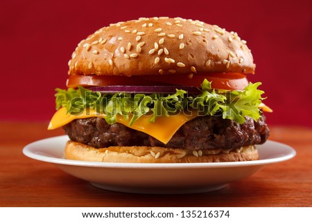 Homemade grilled hamburger on plate with red background