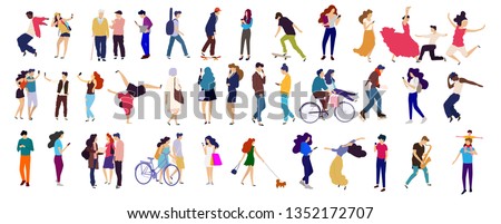 Crowd of young people. Characters big set.  Flat colorful vector illustration. Dancing, reading walking people - Vector  Royalty-Free Stock Photo #1352172707