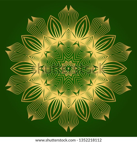 Sacred Oriental Mandala. Floral Ornament. Vector Illustration. Can Be Used For Greeting Card, Coloring Book, Phone Case Print. Green gold color.