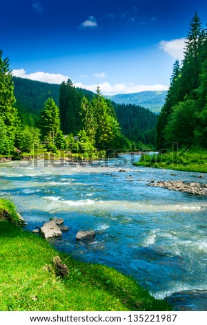 landscape with mountains trees and a river in front Royalty-Free Stock Photo #135221987
