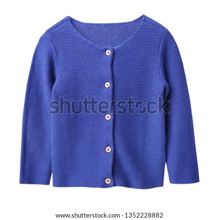 Blue knitted buttoned long sleeve cardigan isolated.Child's clothes. Royalty-Free Stock Photo #1352228882