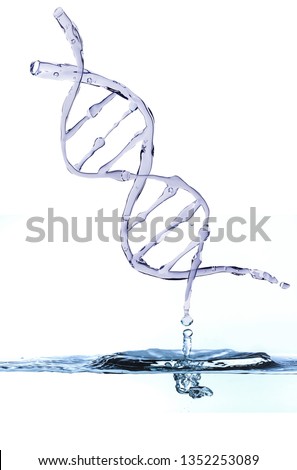Manipulated photograph of DNA shaped water dropping on water surface with bubbles and splash