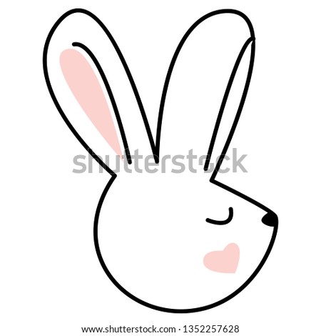 Simple and cute head of Easter bunny with heart shaped cheeks.Calm adorable rabbit for baby nursery designs and prints.Transparent background, isolated Nordic clip art. Beautiful hunt animal character