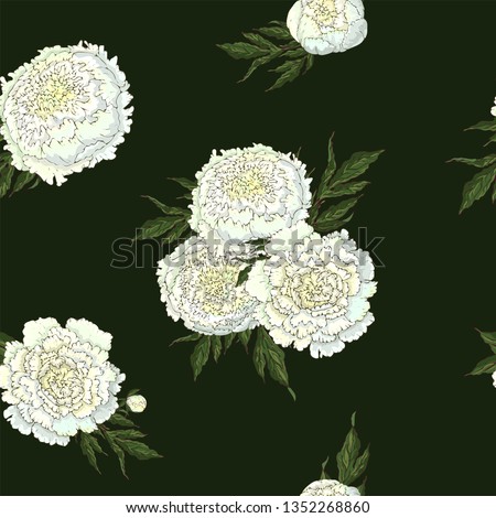 Vector peonies. Seamless pattern of white flowers. Bouquets of flowers on a dark green background. Template for floral decoration, fabric design, packaging or clothing.