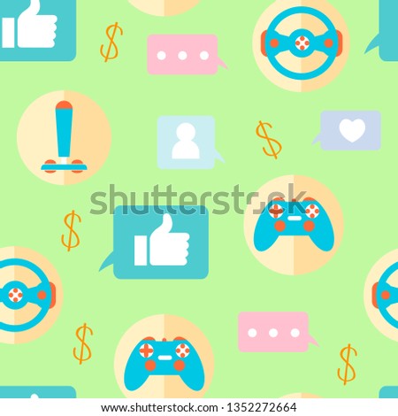 Gamer, Gaming Cartoon Vector Seamless Pattern. Gamepad, Joystick, Steering Wheel. Gaming Accessories and likes on Green Background. Decorative Texture. Cybersport Wallpaper, Wrapping Paper Design