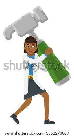 An Asian doctor cartoon character mascot woman holding a big hammer concept 