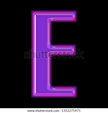Bright purple shiny glass letter E in a 3D illustration with a glossy glass effect with shining highlights in a rounded bold font isolated on a black background
