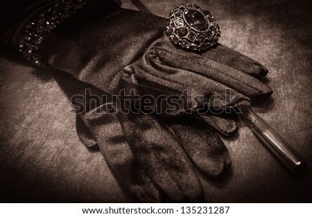 Gloves with luxury ring and cigarette holder