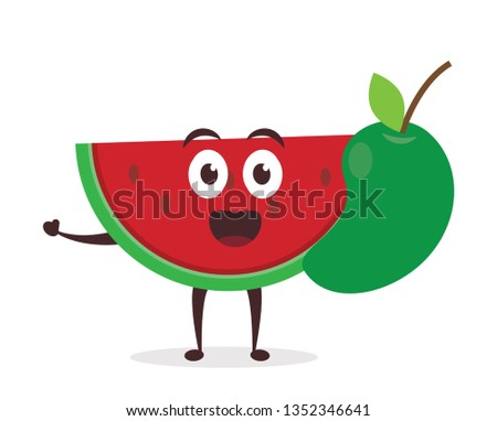 Kawaii vector illustration character cartoon cute watermelon mascot holding delicious yummy fresh green mango fruit with trolley market shopping cart in white background modern flat design brand