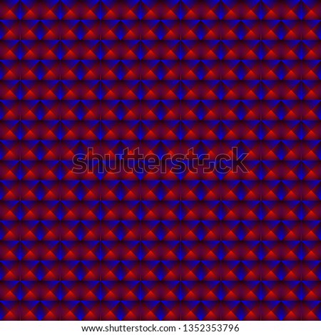 Chaotic pattern of purple squares and red pyramids. Volumetric geometry for the background and design of strict elements.