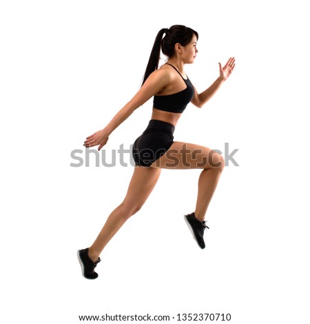 beautiful girl athlete running isolated in silhouette on white background. Dynamic movement. Side view