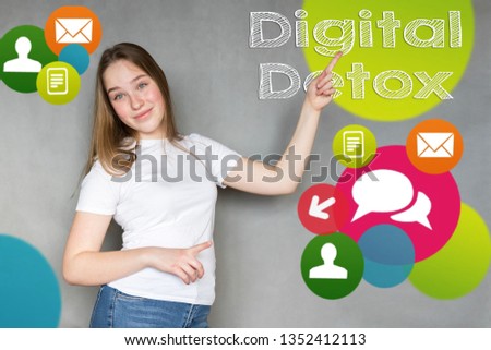 Millennial teenager girl on workplace with pc laptop and computer, bright colorful graphic icons and inscription digital detox, social network lock concept