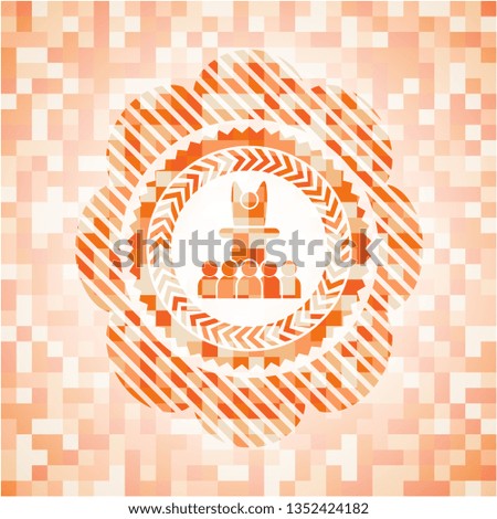 motivational speech icon inside orange mosaic emblem