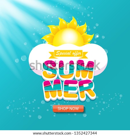 vector special offer summer label design template . Summer sale banner or badge with beautiful sun and calligraphic text on azure background with sun lights