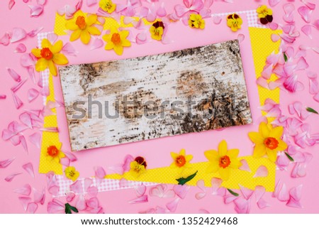 Easter floral background with natural birch bark frame, copy space, text place. Pink yellow  border with flowers and petals. Greeting card or gift certificate for Valentine’s Day, 8 March, Mothter day