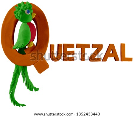 Animals alphabet ABC handmade with plasticine. “Q” letter with quetzal. Isolated on white background – Image