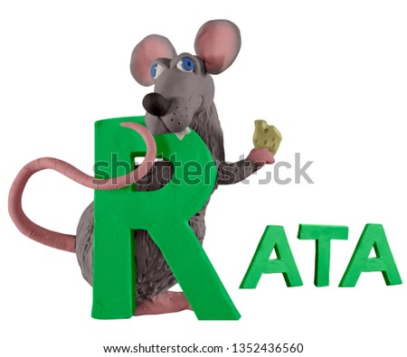 Spanish animals alphabet ABC handmade with plasticine. “R” letter with rat. rata. Isolated on white background – Image