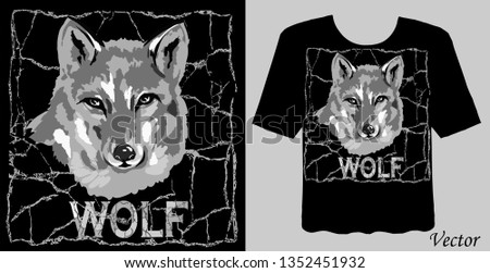 Stylish print on a t-shirt. Abstract composition with inscription, gray wolf and graphic elements. Fashionable clothes. Vector design.