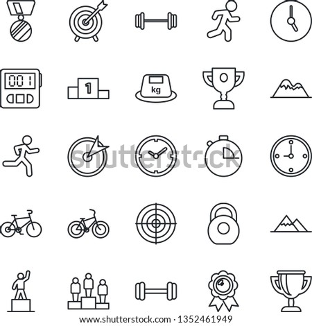 Thin Line Icon Set - pedestal vector, medal, barbell, bike, run, heavy, clock, stopwatch, target, mountains, award cup