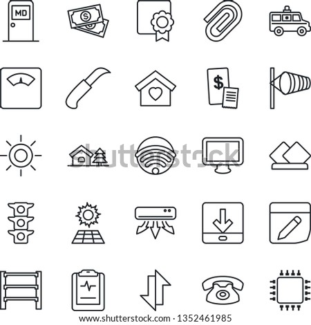 Thin Line Icon Set - wind vector, medical room, sun, garden knife, scales, ambulance car, pulse clipboard, cash, traffic light, rack, monitor, notes, data exchange, download, sertificate, paper clip