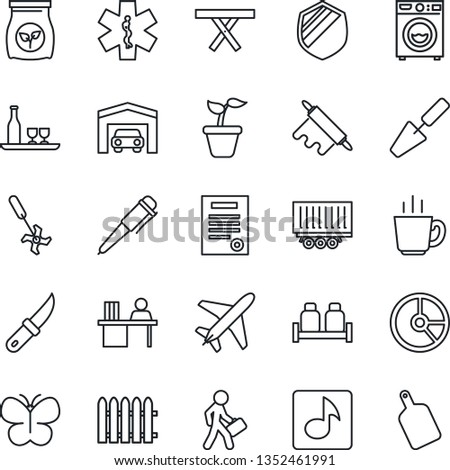 Thin Line Icon Set - plane vector, pen, circle chart, trowel, fence, seedling, butterfly, garden knife, picnic table, fertilizer, ripper, ambulance star, truck trailer, shield, music, manager desk