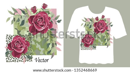 Stylish print on a t-shirt. Abstract, floral arrangement with roses and graphic elements Fashionable clothes. Vector design.