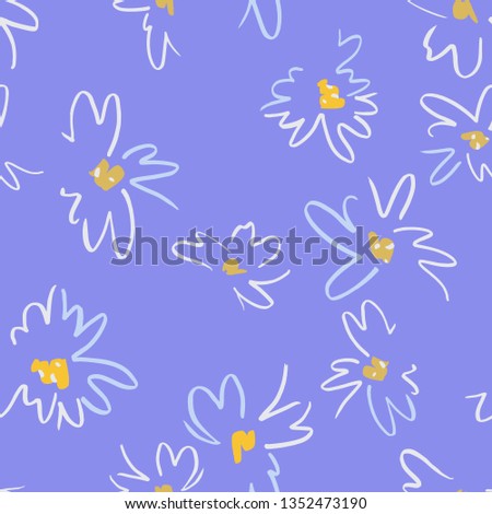 Vector floral seamless pattern. Simple colorful botanical illustration with daisy flowers. Plain sketch made of marker. Good for bedding, fabric, textile, wallpaper, wrapping, surface.