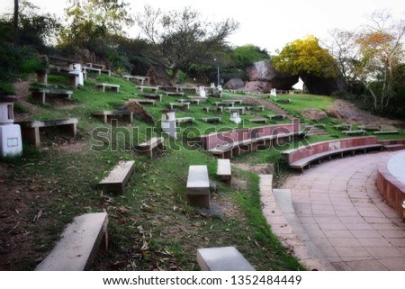 Beautiful and ancient world open air theatre with cemented benches to sit in the Garden of five senses, New delhi, India. Most beautiful air open theatre in the park