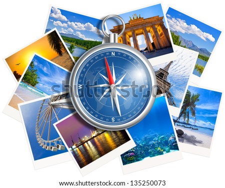 Traveling photos collage with compass isolated on white background Royalty-Free Stock Photo #135250073