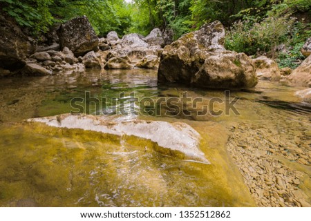 clear transparent water in a mountain river and stones in the forest. Summer season. Crimea. Ukraine.
