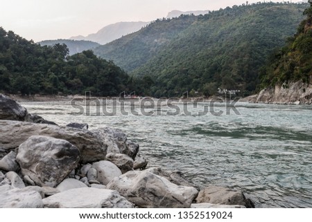 Pancheswar, Uttarakhand / India: Confluence of the emerald green waters of two rivers, Sarayu (Sarju) and Mahakali. Popular tourist destination for camping, sight seeing and recreational activities