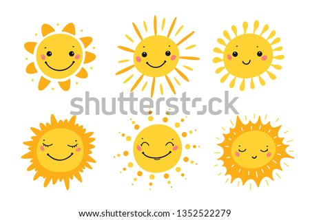 Cute Sun Icon Vector Set. Hand Drawn Doodle Different Funny Suns