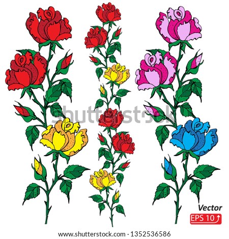 Bouquet flowers with red. yellow, blue, pink  roses and leaves, border pattern  isolated on white backgrouind  Floral element for greeting card and invitation of the wedding, birthday, holidays vector