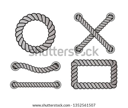 Rope for decoration and covering, nautical twisted rope knots. Round and square rope frames, cord borders. Decoration elements. Vector illustration.