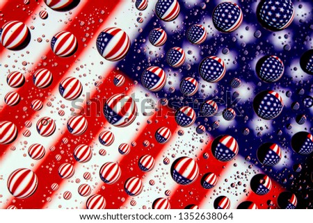 Reflection image on raindrops of the flag of the United States of America,
