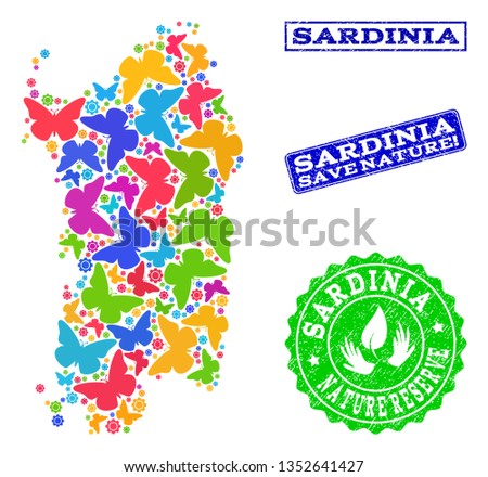 Ecological composition of bright mosaic map of Sardinia region and rubber seal stamps with Save Nature text. Mosaic map of Sardinia region designed with bright colored butterflies.