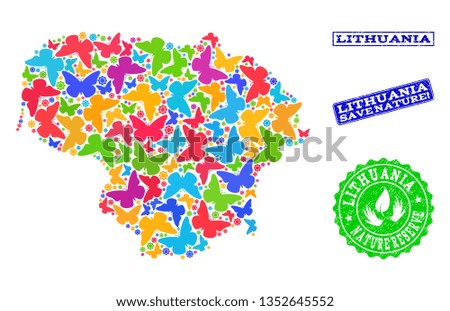 Ecological composition of bright mosaic map of Lithuania and textured seals with Save Nature caption. Mosaic map of Lithuania designed with bright colored butterflies.