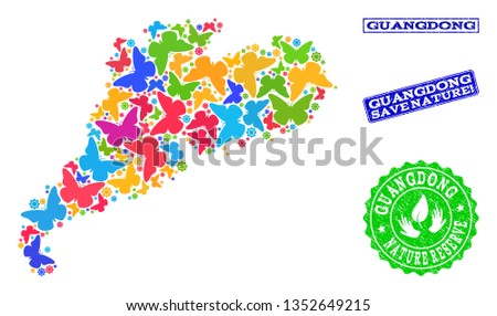Eco friendly composition of bright mosaic map of Guangdong Province and scratched stamps with Nature Reserve caption. Mosaic map of Guangdong Province designed with bright colored butterflies.