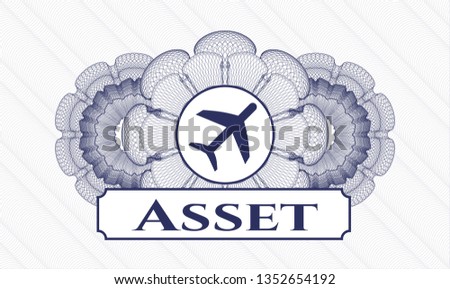 Blue rosette (money style emblem) with plane icon and Asset text inside