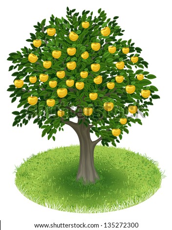 Summer Apple Tree with yellow apple fruits in green field, illustration