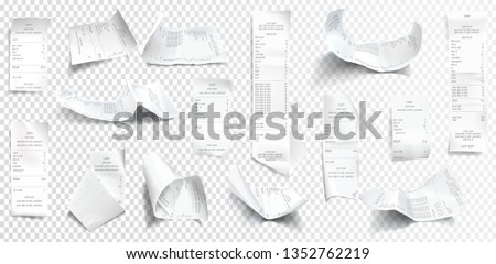 Vector realistic receipt collection, white paper with payment isolated on transparent background. Creased financial printout for shop, store. Retail bill, rumpled commercial check or invoice. Royalty-Free Stock Photo #1352762219