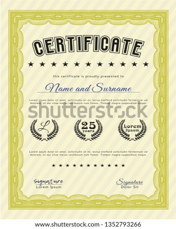 Yellow Certificate of achievement template. With great quality guilloche pattern. Vector illustration. Money style design. 