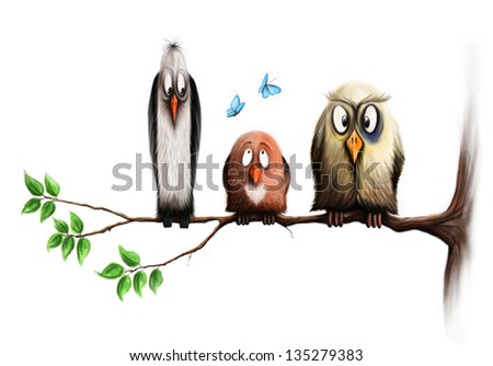 The drawn three birds, sit on a branch. Three friends.